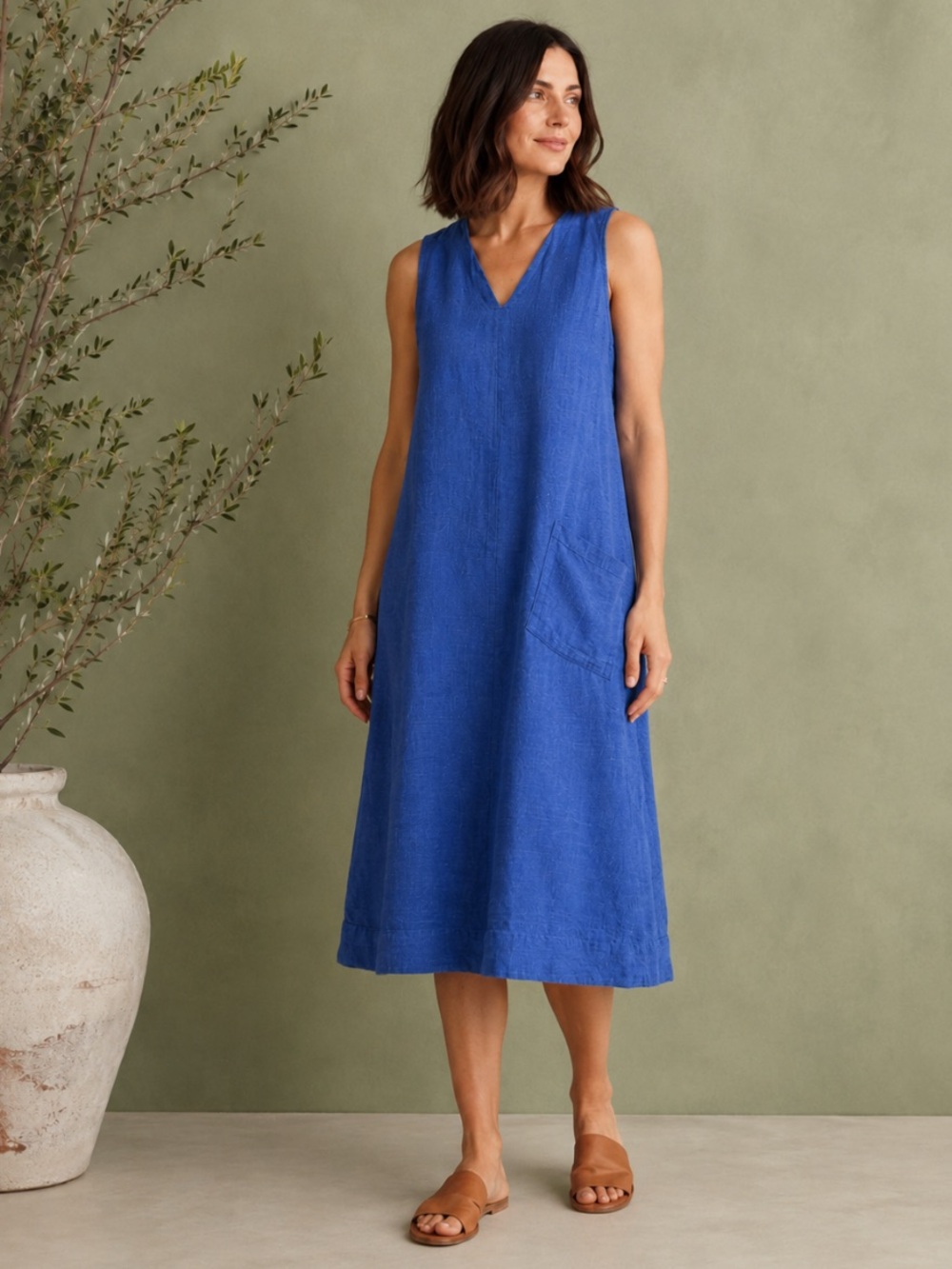 FLAX Blue Linen Sleeveless Midi Dress Small A-Line Lagenlook Art to Wear